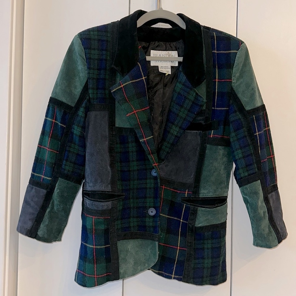 Plaid blazer, suede, wool, patch style, Brandon Thomas